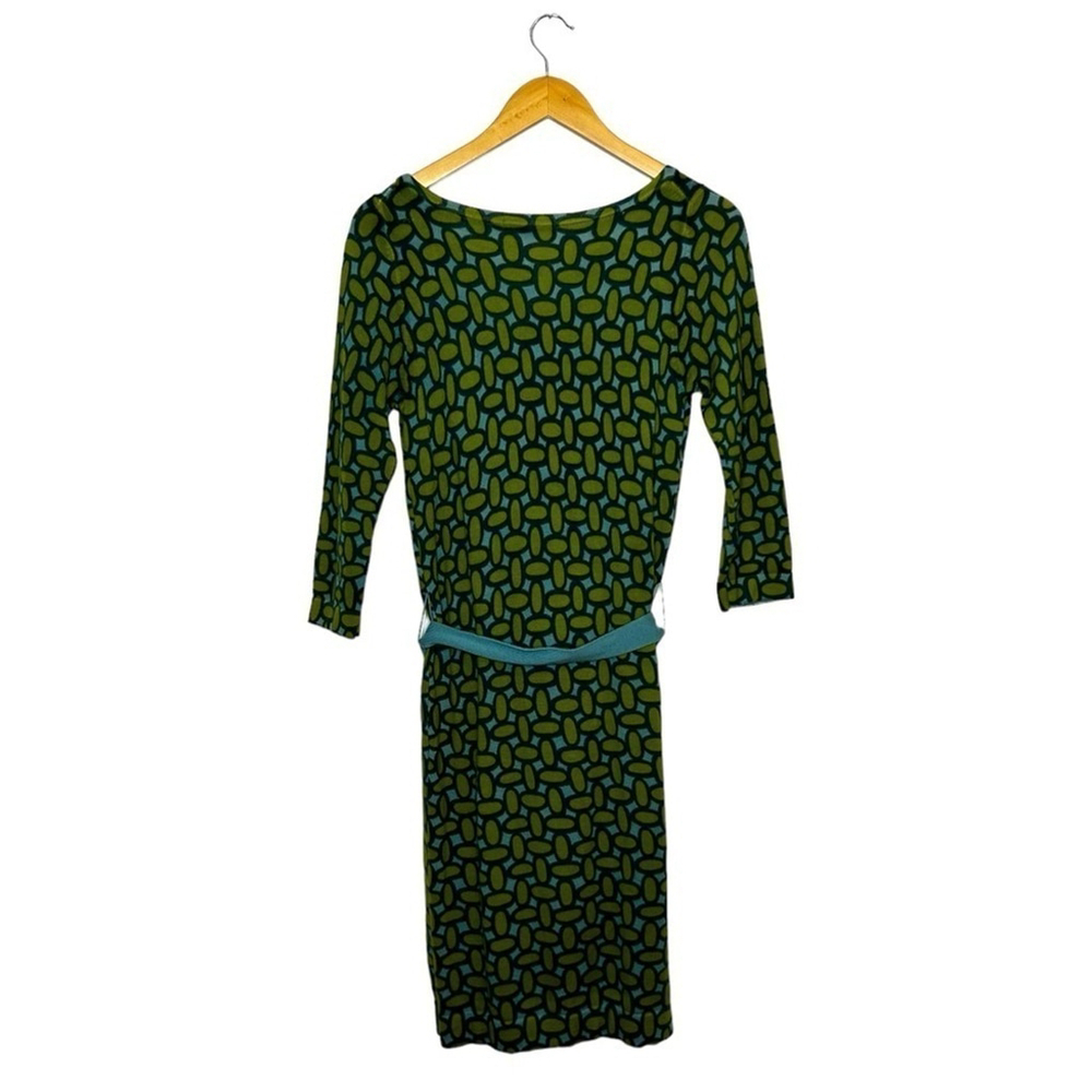 Boden Retro Green Blue Long Sleeve 100% Wool Art Deco Print MIDI Dress Size 4 - Picture 13 of 16